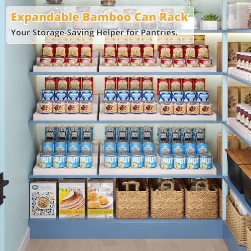 Expandable Bamboo Can Rack Organizer for Pantry, 3-Tier Adjustable Can Storage for Kitchen Cabinets, Soda & Canned Goods Holder for Pantry Organization, Holds Up to 24 Cans, White (Patent Pending)