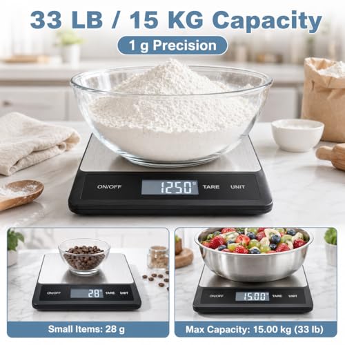 33LB/15KG Digital Kitchen & Food Scale – Waterproof Stainless Steel, USB Rechargeable, 1g Precision, Tare Function for Cooking, Baking, Meal Prep