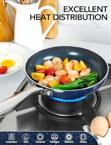 MICHELANGELO 10 Inch Frying Pan with Lid, Blue Frying Pan with Nonstick Diamond Infused Coating, Nonstick Frying Pans, Diamond Fry Pan Blue