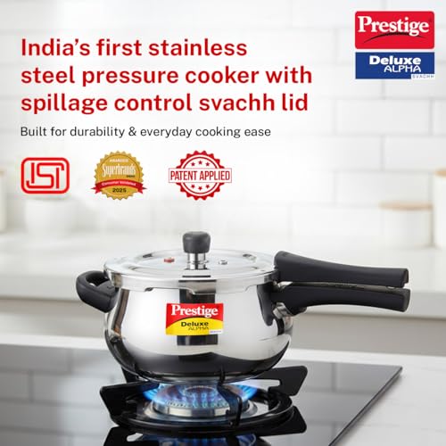 Prestige Deluxe Alpha Svachh Stainless Steel Pressure Cooker with Alpha Base and Deep Lid for Spillage Control, (4.0 L Junior Handi)