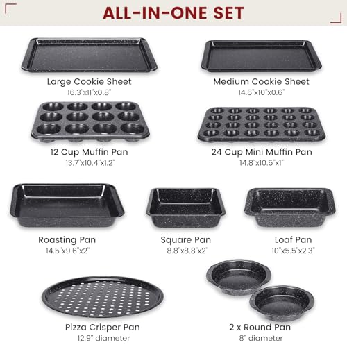 Terlulu 10-Piece Baking Pans Set, Bakeware Sets Nonstick, Baking Set for Oven Cooking, Stackable Carbon Steel Set Include Cookie Sheets, Muffin Pan, Cake Pan, Pizza Pan, Loaf Pan, Roasting Pan, Black