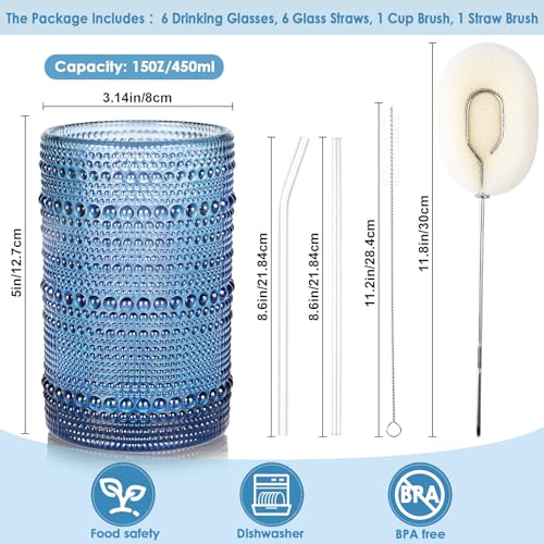 KMIGRUAN Large Hobnail Drinking Glasses Set of 6, 15oz Blue Vintage Glassware, Embossed Glass Cups, Water Tumbler, Highball Glasses For Beer, Juice And Various Mixed Drinks