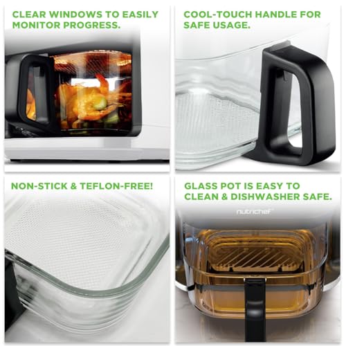Nutrichef 5.8 Quart Air Fryer | 8-in-1 Preset Cook Modes| Transparent Fry Bowl for Best Cooking Results | Cook Shrimp, Steak, Fries, Wings, Chicken & More | Precise Temperature Control & Time | White