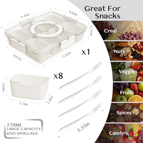 Dunruz Snackle Box Container,Portable Snack Box 8 Compartment Divided Serving Tray with Lid,Clear Storage Organizer for Fruit Candy Nuts Veggie-Perfect for Road Travel Party (1 Pack-8 Compartments)