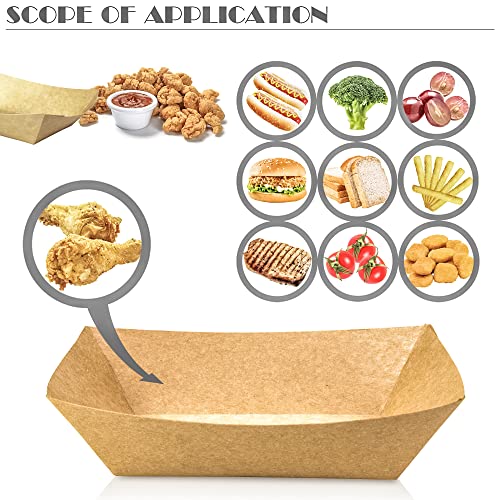 MotBach 100 Pack 2lb Paper Food Trays, Heavy-Duty Paper Food Boat Disposable Serving Basket Tray for French Fries Nachos Snack Hot Dog Taco BBQ Popcorn Party Picnic Wedding Party (Brown)