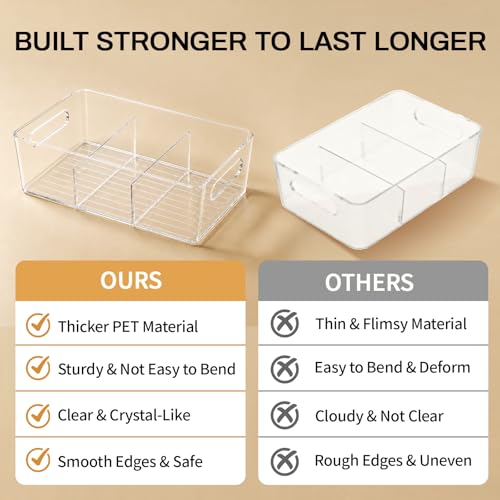 Mpotmiy 6 Pack Pantry Organizers and Storage,Clear Plastic Containers with 2 Dividers for Kitchen,Fridge Organization and Storage,Acrylic Bins for Pounches,Spice Packet,Snack organzier