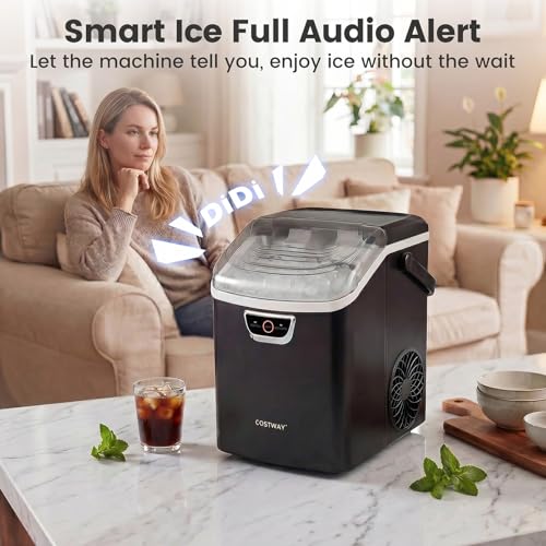 COSTWAY Nugget Ice Maker Countertop with Handle, 33 Lbs/24H Soft Chewable Ice, Ready in 6 Mins, Auto-Cleaning, Audible Ice Full Alarm, Portable Sonic Ice Machine for Home Kitchen Office, Black