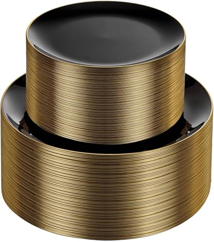 KIRE 100PCS Black and Gold Plates - Black Plastic Plates Disposable with Gold Rim Include 50Pcs 10.25inch Dinner Plate and 50Pcs 7.5inch Dessert/Salad Plate for Party/Wedding/Graduation/Father's Day