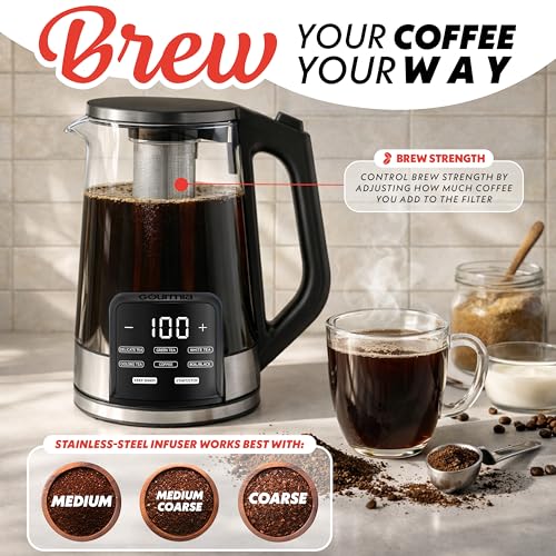 Gourmia Electric Glass Kettle – 1.7L Programmable Tea & Coffee Brewer with Digital Touch Display, 6 Presets, Removable Stainless Steel Infuser, Cordless with 360° Swivel Base, Black