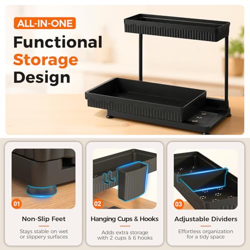 Sevenblue 3 Pack Multi-Purpose Pull-Out Storage Organizers, 2-Tier L-Shaped Under Sink/Cabinet Organizers and Storage for Bathroom & Kitchen, (Black, 12.85 Inches)
