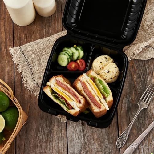 50Pack 8" X 8" 3-Compartment Clamshell To Go Food Containers With Secure Snap Lids - Heavy Duty Take out Containers Disposable To Go Plate For Carryout Meal Prep Catering (Black 3-Compartment)