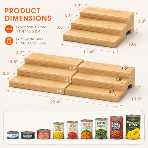 D-werack Expandable 3-Tier Wooden Can Organizer for Pantry, Adjustable Shelf Holds 24 Cans, Storage Rack for Cabinet & Countertop, Space Saving Pantry Organizer for Small Kitchens and Apartments