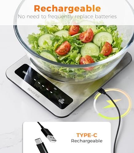 BakFee 100% Waterproof Food Scale, IP67 Digital Kitchen Scale, Rechargeable (USB-C), 0.1oz/1g Precision, 22lb Capacity, Stainless Steel & Tempered Glass, for Cooking, Making Sourdough Bread, Black