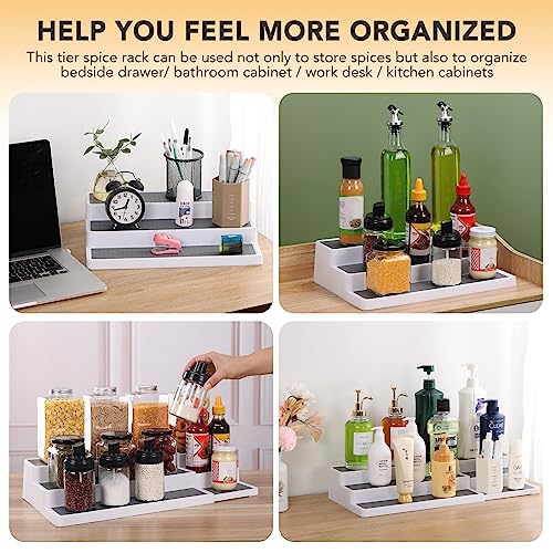 CiWiVOKi 3 Tier Expandable Spice Rack Organizer, White/Grey Plastic Spice Rack, Adjustable Length 14.6In-25.8In, 2 Pack Non-Skid Tiered Spice Shelf Organizer for Kitchen Cabinet, Cupboard, Pantry