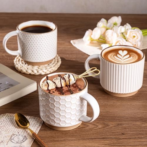 GBHOME 12OZ Stackable Coffee Mugs, Ceramic Coffee Mugs with Texture Patterns for Man,Woman,Dad,Mom, Modern Coffee Mugs Set of 4 for Latte/Cappuccino/Cocoa. Dishwasher&Microwave Safe, Off White