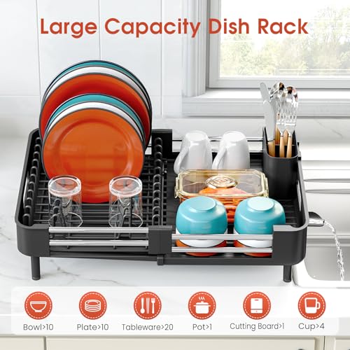 TOOLF Dish Drying Rack Expandable Drainer w/Cutlery & Cup Holder, Black