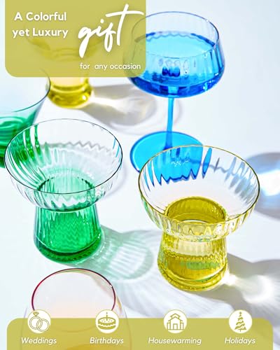ColoVie Stemless Margarita Glasses Set of 4-13oz Ribbed Colored Glassware - Premium Hand-Blown Lead-Free Crystal - Aesthetic Rippled Cocktail Cups for Party, Cinco de Mayo, Home Bar - Gift Box