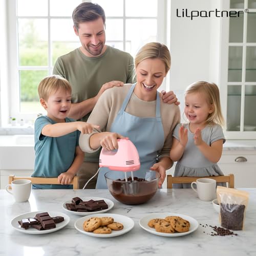 LILPARTNER Electric Hand Mixer with Storage Box, Ultra Power Kitchen Hand Mixer With 7-Speed & 5 Stainless Steel Accessories for Whipping Dough, Cream, Cake, Dishwasher Safe, PINK BOX