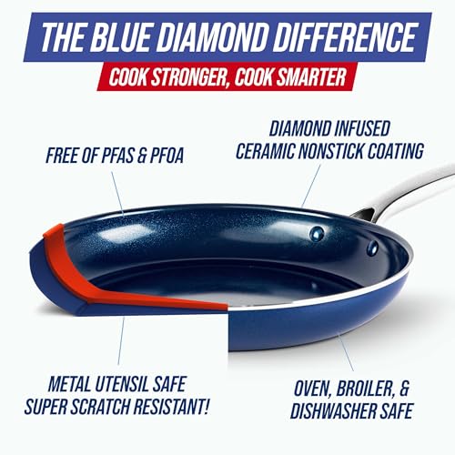 Blue Diamond 12 Piece Nonstick Cookware Set, Diamond Ceramic Pots & Pans, Dishwasher & Metal Utensil Safe, Non Toxic PFAS-Free, Kitchen Cooking Sauce & Saute Pans, Oven & Broiler to 600F, Blue