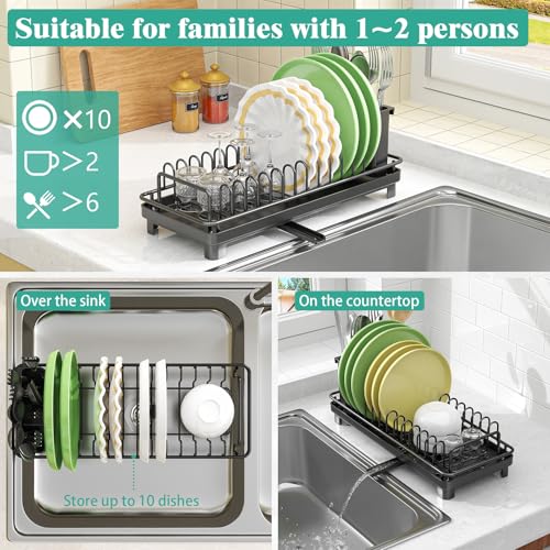 Giwil Small Dish Drying Rack, Compact Dish Rack with Drainboard for Kitchen Counter, Multifunctional Rustproof Dish Drainer Plate Organizer Used Over Sink & on Countertop, Black