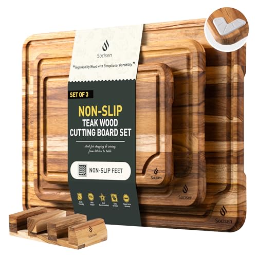 3 Pack Teak Wood Cutting Board Set for Kitchen Charcuterie Board Serving Heavy Duty Non Toxic Slip Over Sink Solid Thick Haus Wooden Chopping Board Large Big Small Meat Best Kitchen Mother Gift