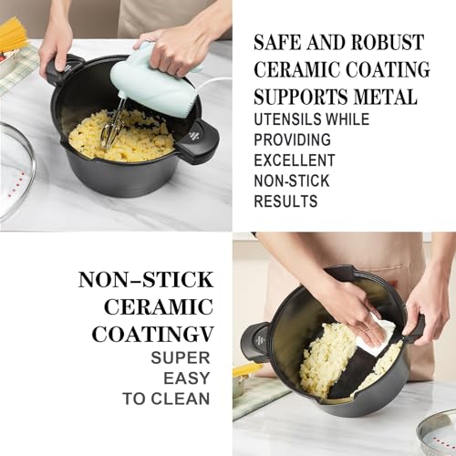 8.5qt Pasta Pot with Strainer Lid, Cast Aluminum Stockpot Multipot, Nonstick Ceramic Coating make Cleanup easy with Tempered Glass Lid, Dishwasher Safe, Induction, Black (Black, 8.5 Quarts)