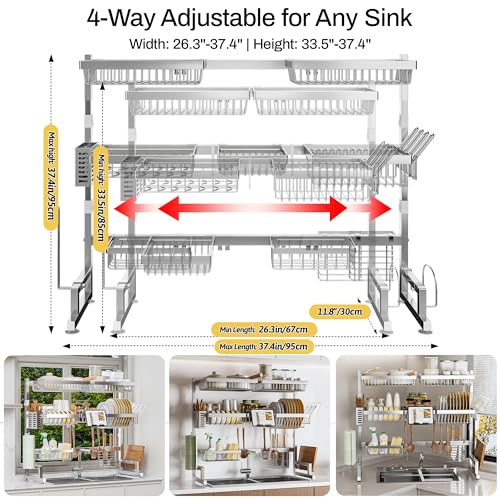 ADBIU Luxurious 304 Stainless Steel Over Sink Dish Drying Rack (Suitable for Sink Length 26.3"- 37.4") Snap-On Design 2 Tier Large Kitchen Dish Rack Stainless Steel Counter Organization and Storage
