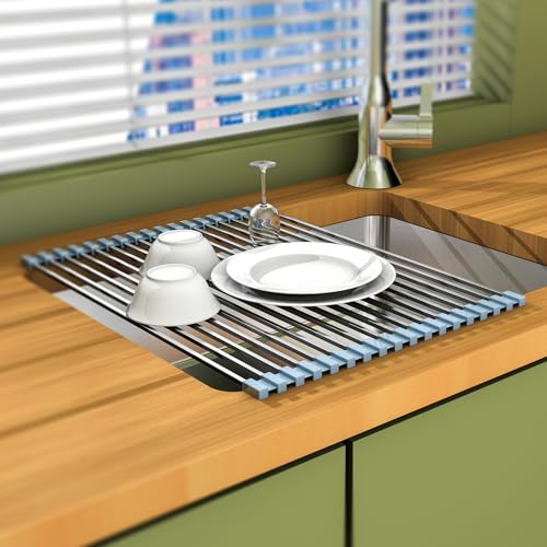 TlaroRiz 16.93 ×12.91 Inch Sink Drying Rack Roll Up, Silicone Wrapped 304 Square Stainless Steel Over the Sink Dish Drying Rack Counter Kitchen Home RV Essentials Foldable Sink Organizer,Grey