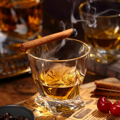 Whiskey Rocks Glass Set In Gift Box - Includes 2 Crystal Bourbon Glasses and 2 Big Ice Ball Molds - 11 Oz Old Fashioned Glasses for Scotch, Cocktails, Rum, Cognac, Vodka - Unique Gift for Men