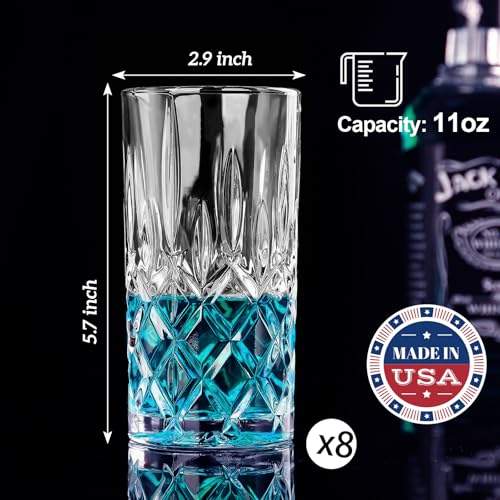 Claplante Crystal Highball Glasses, Set of 8 Glass Drinking Glasses, 11 oz Durable Drinkware Cups for Cocktails, Water, Juice, Beer, Wine-Special Edition Glassware Set, Dishware, Dishwasher Safe