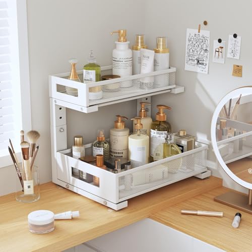 2-Pack Under Sink Storage Organizer, Large 2-Tier Elegant Mesh Pull Out Shelf for Kitchen and Bathroom Cabinet Organization, L-Shaped and Adjustable Height Design for Maximum Space Efficiency-White