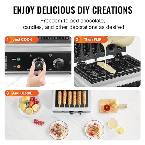 VEVOR Commercial Waffle Stick Maker, 6PCS 1500W Waffle Baker Machine, Non-Stick Stainless Steel Corn Hot Dog Waffle Iron with Temp and Time Control, Handle, for Restaurant Bakery Snack Bar Family