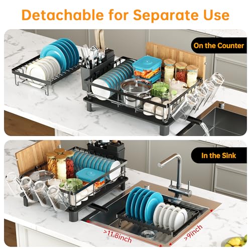 IMXSUMDA Dish Drying Rack, 2 Tier Dish Racks for Kitchen Counter, Compact Drying Rack Kitchen, Rust-Resistant Dish Drainer, Detachable Space-Saving Dish Rack with Drainboard, Utensil Holder, Black