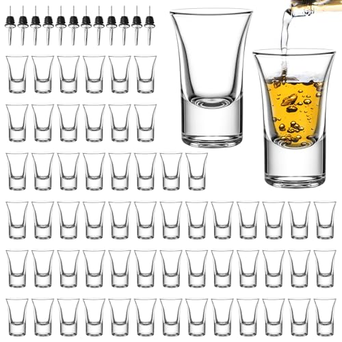 SUN GKOTTA 60-Pack 1 OZ Glass Shot Glasses set with 10 Pourers - Heavy Base shot Glasses bulk for Bar, Party, and Gifts