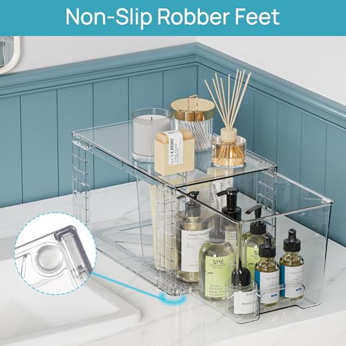 Vtopmart 3 Pack Clear Stackable Storage Drawers,Easy to Assemble Bathroom Organizers and Storage with handles,Plastic Drawers for Kitchen Pantry,Cabinet,Under Sink Organization