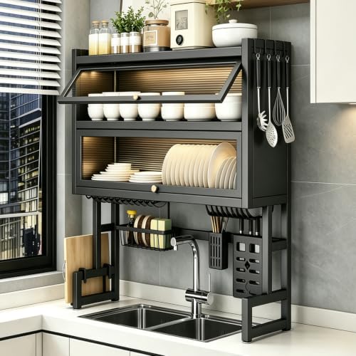 HQPMTGT Over The Sink Dish Drying Rack, Piano Lacquer, Thickened Steel Pipe, Over Sink Dish Drying Rack, Over Sink Rack, for Dishes, Glasses, Bowls, Cutlery Black 25.59in (Small)