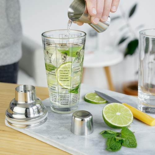 True Glass Cocktail Shaker with 7 Classic Recipes and Measurements for Cold Brew Cocktails, Home Bar Accessories, Bar Tools, Bartender Gifts, Hosting Essentials, 13.5 oz, Set of 1, Clear
