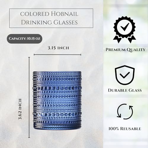 Hobnail Beaded Highball Drinking Tumbler Glasses | Set of 6 | Color, Vintage Bubble Design Whiskey Glassware, Old-Fashioned, Embossed Design for Water, Wine, Cocktail Embossed Heavy Glas, Rocks Glass