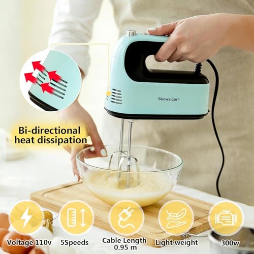 Electric Hand mixer - Adjustable Speed 300W Handheld Mixer Electric Whisk with 5 Stainless Steel Accessories, Turbo Boost/Self-Control Speed + Eject Button Food Beater for Cakes Eggs