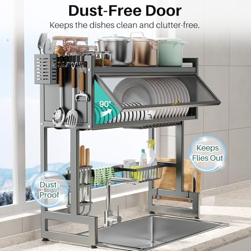 CUISIBOT Over the Sink Dish Drying Rack 3 Tier with Dustproof Flip-Up Cover