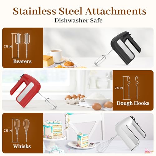 5-Speed Electric Hand Mixer, 800W Handheld Mixer with Turbo for Baking & Cooking, Kitchen Food Mixer with Storage Case & 6 Stainless Steel Attachments (2 Beaters, 2 Dough Hooks, 2 Whisks)-Red