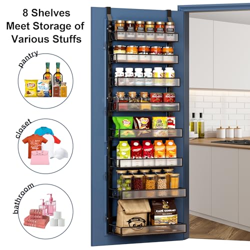 Clothink Over the Door Pantry Organizer 8 Tiers Hanging Door or Wall Mounted Spice Rack with Adjustable Acrylic Basket,Heavy Duty Metal Seasoning Storage Shelf for Kitchen Pantry and Bathroom