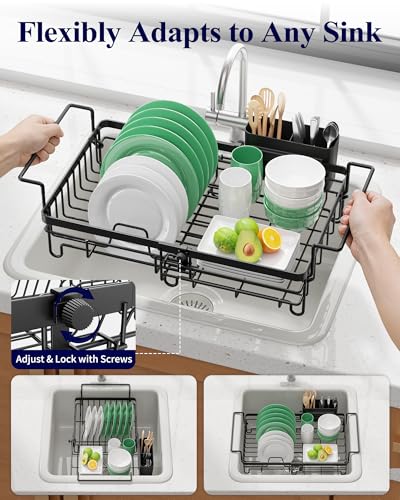 Kitsure Expandable in-Sink or Over-Sink Dish Drying Rack, Large, Black