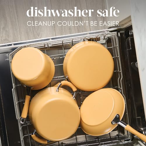 Rachael Ray Cucina Ceramic Nonstick Pots and Pans Set with Saucepans, Frying Pans, Stockpot, Lids, and Pan Protectors, 10 Piece Non Stick Cookware Set, Dishwasher Safe - Turmeric Yellow