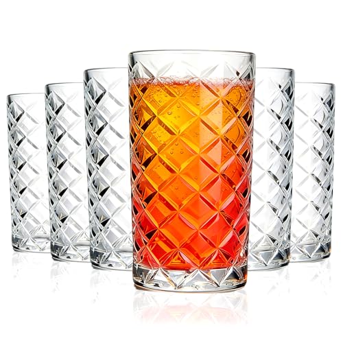 Vitrignis Crystal Highball Glasses Set Of 6-14 Ounce Diamond Cut Tom Collins Glasses - Textured Designer Glassware For Whiskey,Drinks, Water, Beer, Soda