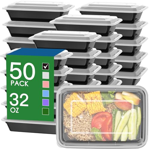 50 Pack (100-Piece) 32 oz Meal Prep Containers Reusable with Easy Open Lids, Sturdy Leakproof Food