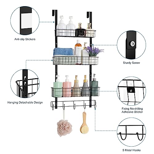 ETELI Over the Door Pantry Organizer 3 Tier Hanging Basket Back Door Storage Rack Shelf Metal Over the Door Shelves with 3 Baskets and 5 Hooks for Bathroom Kitchen Pantry Bedroom, Black