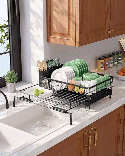 Kitsure Extendable Dish Drying Rack - Rust-Resistant Dish Racks for Kitchen Counter with Adjustable Support Legs, Cutlery Holder & Removable Draining Tray (Black, 15.6''-25.2''L × 16.9''W × 8.1''H)