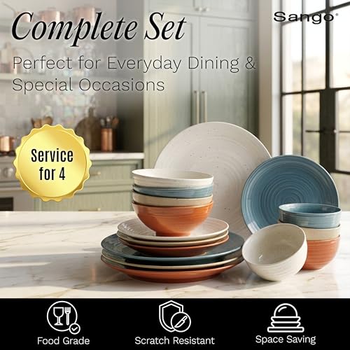 Sango Siterra Painter's Palette 16-Piece Stoneware Dinnerware Set - Service for 4, Ceramic Plates and Bowls Sets, Chip Resistant, Rustic Dishware, Microwave & Dishwasher Safe Kitchen Dishes