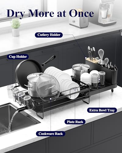 Kitsure Large Dish Drying Rack - Extendable Dish Rack, Multifunctional Dish Rack for Kitchen Counter, Anti-Rust Dish Drainers with Cutlery & Cup Holders 19.2"-26.7" L x 12.9" W, Black